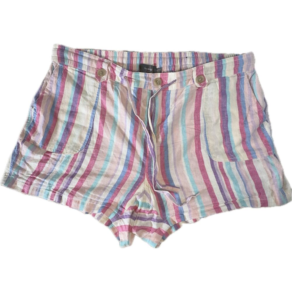 Torrid Plus 16 Linen Shorts Purple‎ Pink Stripe Tie Waist Stretch Pockets